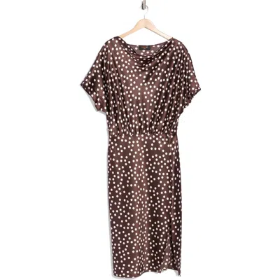 Renee C Polka Dot Short Sleeve Satin Midi Dress In Brown