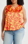 Renee C Print Bubble Hem Satin Top In Orange