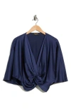 Renee C Plunge Neck Long Sleeve Twisted Knot Satin Top In Blue