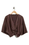 Renee C Plunge Neck Long Sleeve Twisted Knot Satin Top In Brown