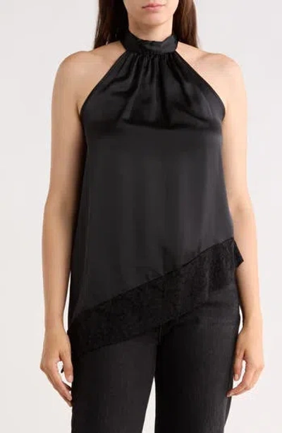 Renee C Satin Lace Asymmetrical Halter Top In Black