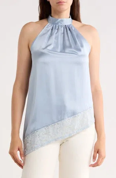 Renee C Satin Lace Asymmetrical Halter Top In Blue