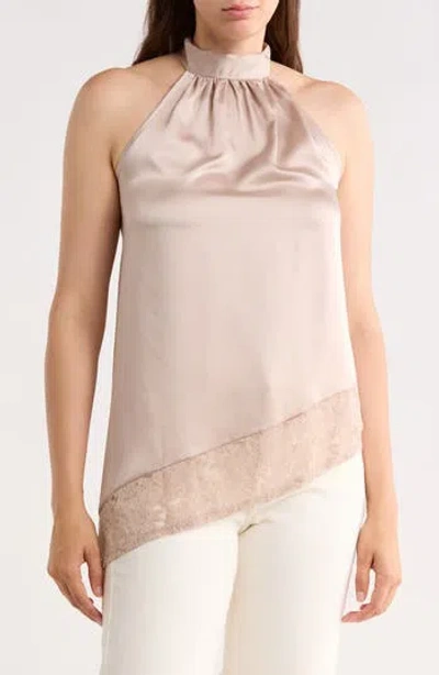 Renee C Satin Lace Asymmetrical Halter Top In Brown