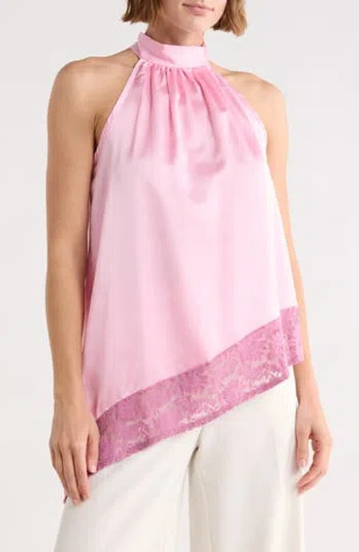 Renee C Satin Lace Asymmetrical Halter Top In Pink