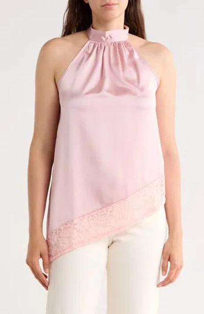 Renee C Satin Lace Asymmetrical Halter Top In Pink