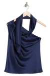 Renee C Scarf Detail One-shoulder Satin Top In Blue