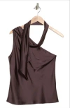 Renee C Scarf Detail One-shoulder Satin Top In Brown