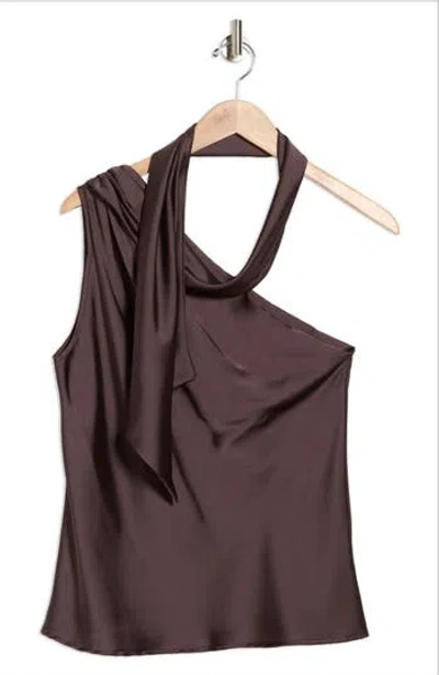 Renee C Scarf Detail One-shoulder Satin Top In Brown