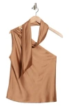 Renee C Scarf Detail One-shoulder Satin Top In Brown