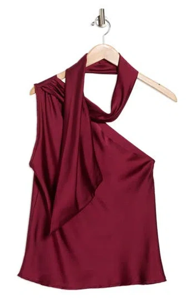 Renee C Scarf Detail One-shoulder Satin Top In Burgundy