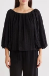 Renee C Semisheer Boat Neck Balloon Sleeve Top In Black