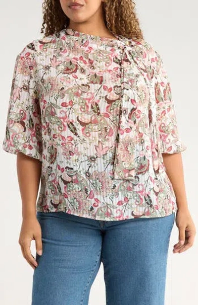 Renee C Sheer Floral Tie Neck Balloon Sleeve Top In Multi
