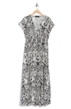Renee C Short Sleeve Smocked Cotton Blend Maxi Dress In Black/white