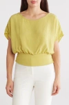 Renee C Short Sleeve Smocked Hem Blouson Top In Dark Citron