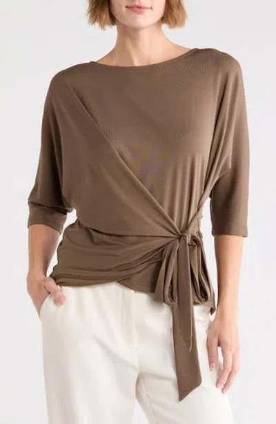 Renee C Side Tie Three-quarter Sleeve Top In Brown