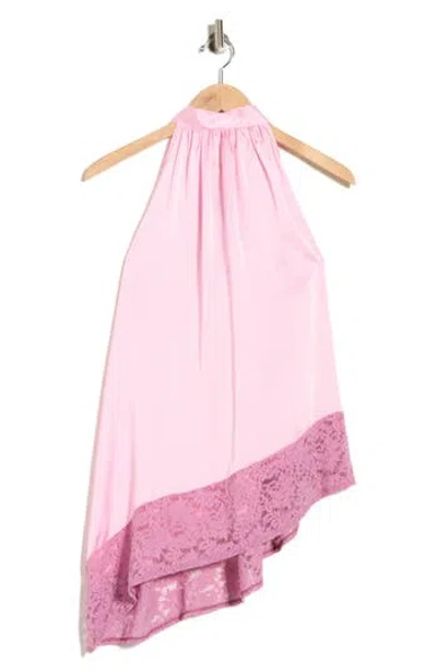Renee C Sleeveless Lace Trim Satin Asymmetric Top In Pink
