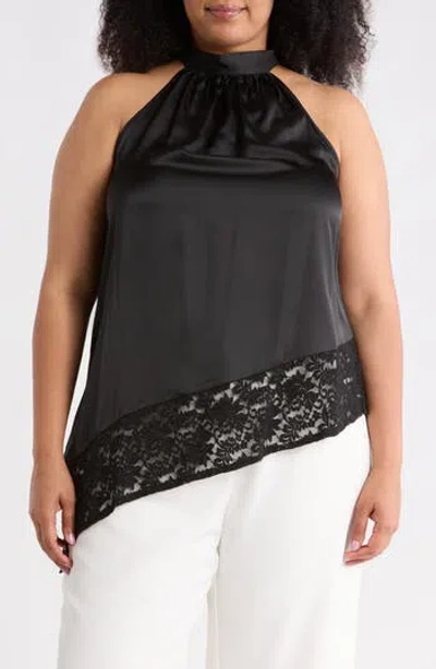 Renee C Sleeveless Lace Trim Satin Asymmetric Top In Black