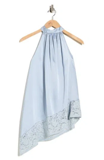 Renee C Sleeveless Lace Trim Satin Asymmetric Top In Blue