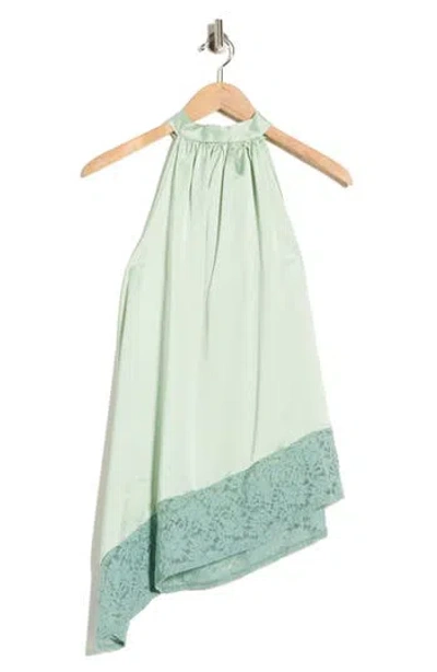 Renee C Sleeveless Lace Trim Satin Asymmetric Top In Green