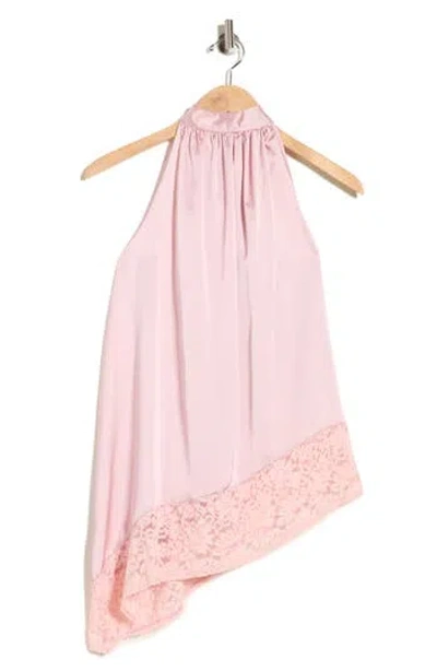 Renee C Sleeveless Lace Trim Satin Asymmetric Top In Pink