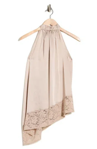 Renee C Sleeveless Lace Trim Satin Asymmetric Top In Nude
