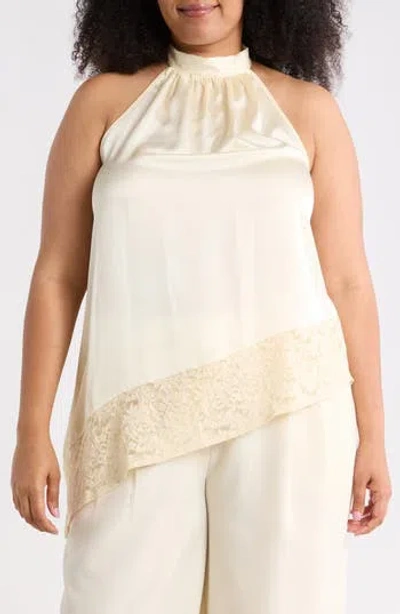 Renee C Sleeveless Lace Trim Satin Asymmetric Top In Yellow