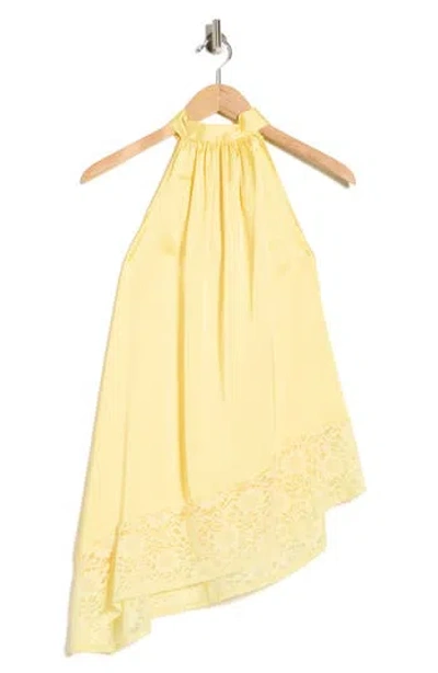 Renee C Sleeveless Lace Trim Satin Asymmetric Top In Yellow
