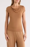 Renee C Solid Cowl Neck Cap Sleeve T-shirt In Brown
