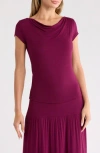 Renee C Solid Cowl Neck Cap Sleeve T-shirt In Burgundy