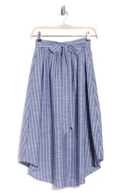 Renee C Stripe Curve Hem Linen Blend Midi Skirt In Blue