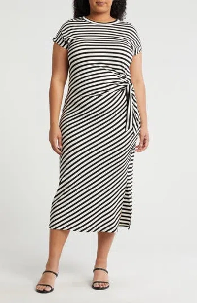Renee C Stripe Knotted Cap Sleeve Shift Dress In Black