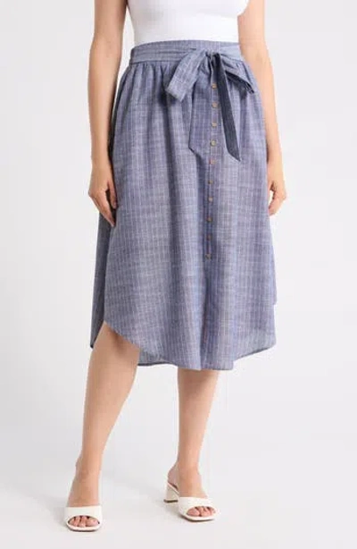 Renee C Stripe Linen & Cotton Curve Hem Skirt In Blue