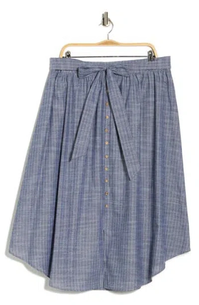 Renee C Stripe Linen Blend Curve Hem Midi Skirt In Blue