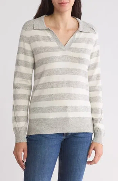 Renee C Stripe Polo Sweater In Heather Grey/ivory