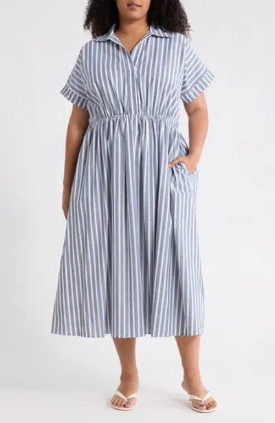 Renee C Stripe Short Sleeve Cotton & Linen Midi Dress In Blue