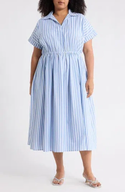 Renee C Stripe Short Sleeve Cotton & Linen Midi Dress In Blue