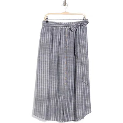 Renee C Stripe Tie Waist Linen Blend Midi Skirt In Blue