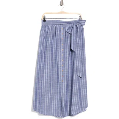 Renee C Stripe Tie Waist Linen Blend Midi Skirt In Blue