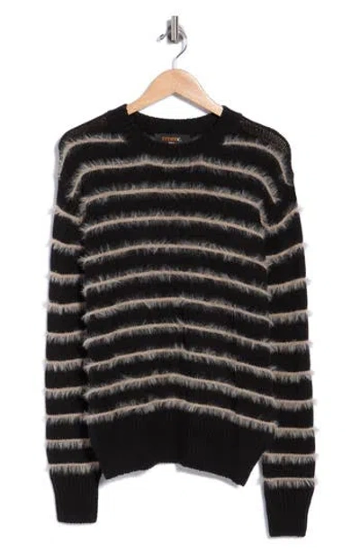 Renee C Striped Fuzzy Crewneck Sweater In Black