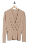 Renee C Surplice V-neck Long Sleeve Brushed Knit Top In Brown