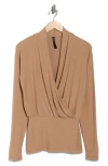 Renee C Surplice V-neck Long Sleeve Brushed Knit Top In Brown