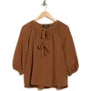 Renee C Tie Keyhole Puff Sleeve Top In Brown