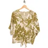 Renee C Tropical Short Sleeve Tie Front Button-up Top In Green