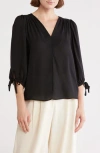 Renee C V-neck Tie Sleeve Top In Dark Black