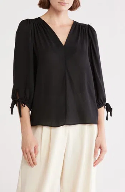 Renee C V-neck Tie Sleeve Top In Dark Black