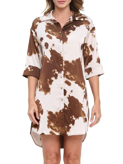Renee C Women's Abstract Print Satin Mini Shirtdress In Brown