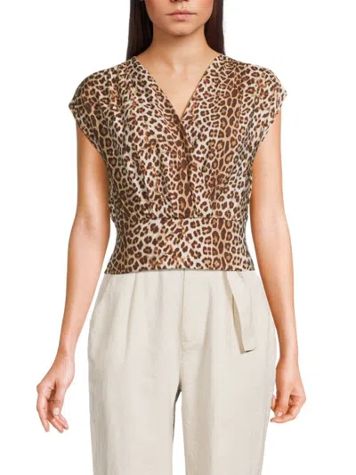 Renee C Women's Animal Print Smocked Top In Mocha