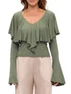 Renee C Women's Bell Sleeve Ruffle V-neck Top In Green