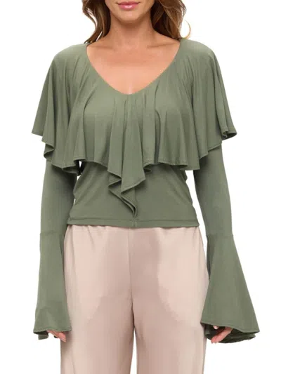 Renee C Women's Bell Sleeve Ruffle V-neck Top In Green