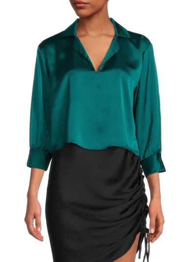 Renee C Women's Collared Satin Top In Hunter Green